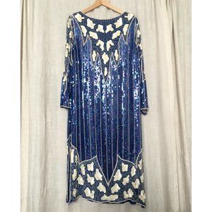 VINTAGE Silk Sequin Blue and White Tunic Dress